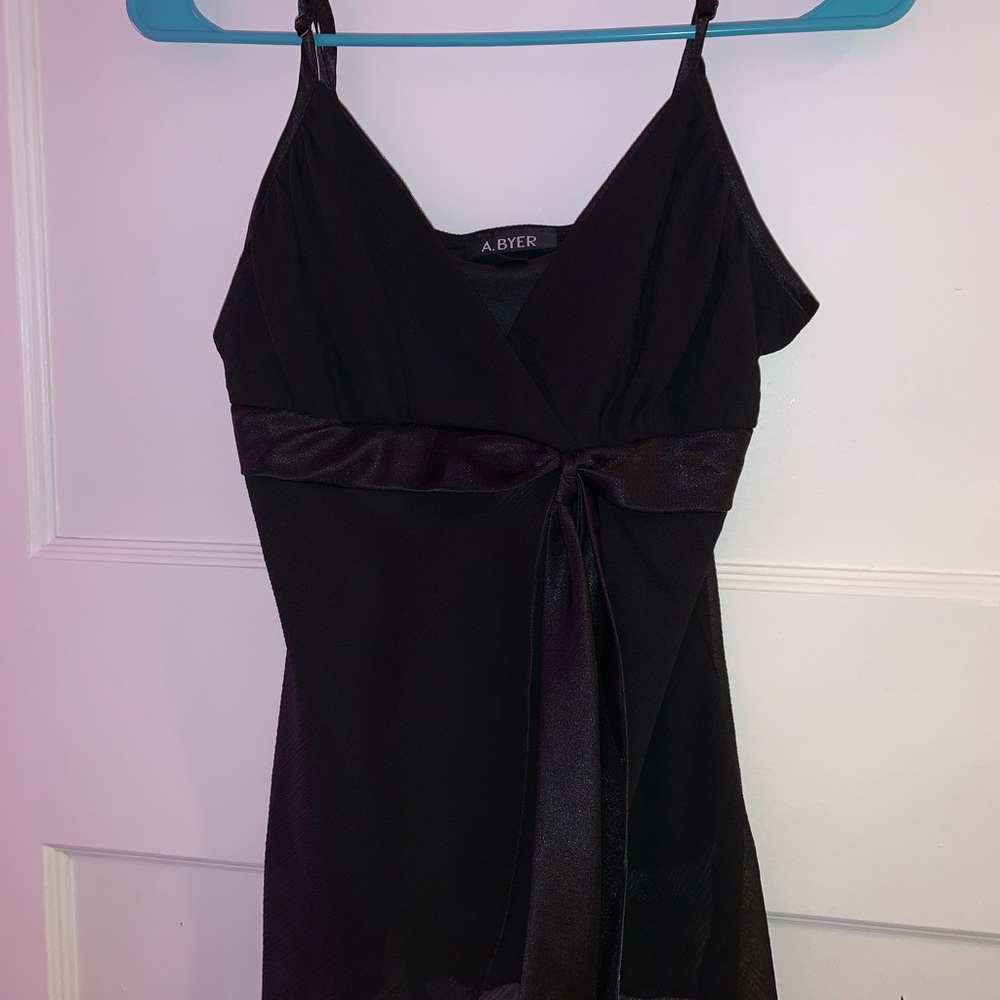 Black A. Byer Silk Top w/ Velvet Tie, Size Medium
